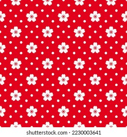 Red seamless pattern with white Sakura flowers and dots. Cherry blossom print.