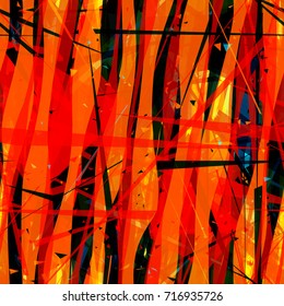 Red seamless pattern with yellow and black inclusion. Wavy stripes, triangles, scratches. Bright mystery texture. Abstract vector background for web page, banners, fabric, home decor, wrapping.