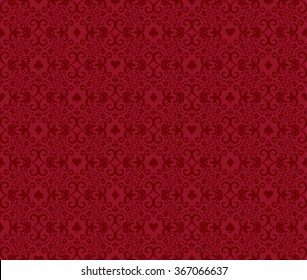 Red seamless poker background with dark red damask pattern and cards symbols