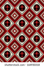 Red seamless rhomboid  background with heraldic lily in black circle