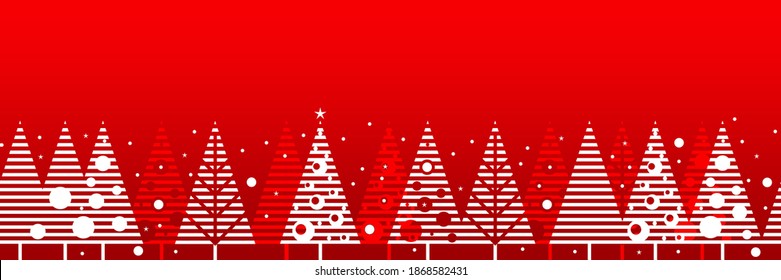 Red seamless ribbon border with stylized white Christmas trees. Winter background. Space for your text. Vector illustration.