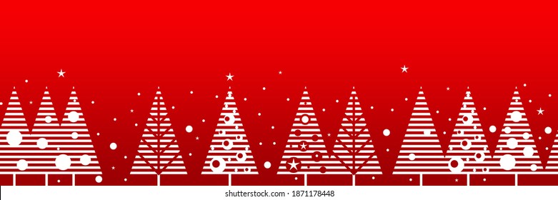 Red seamless ribbon border with stylized white Christmas trees. Winter background. Space for your text. Vector illustration.