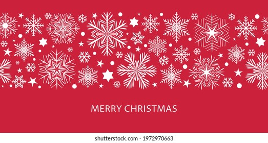 Red seamless snowflake border, Christmas design for greeting card. Vector illustration, merry xmas snow flake header or banner, wallpaper or backdrop 