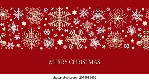 Borde de copo de nieve sin costuras, diseño navideño para tarjeta de felicitación. Ilustración vectorial, alegre navidad encabezado o banner de copo de nieve, fondo de pantalla o fondo 