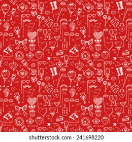Red seamless Valentine's Day texture with hearts and other love symbols. Can be used for wallpaper, pattern fills, textile, web page background, surface textures. Vector illustration. 