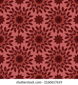 RED SEAMLESS VECTOR BACKGROUND WITH ROUND ORNAMENT OF BERRIES ON BRANCHES