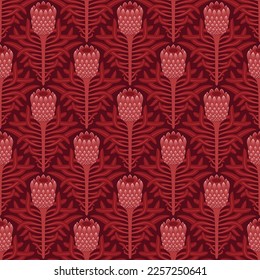 RED SEAMLESS VECTOR BACKGROUND WITH STYLIZED BLOOMING PROTEA