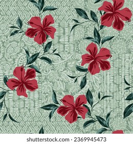flores vectoriales rojas sin costura con patrón de hoja verde sobre fondo de bandana verde textil