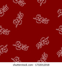 Red seamless vector pattern with white flowers on branch. Art continuous illustration modern
