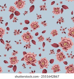 red seamless vector stock flowers with leaves pattern on blue background
