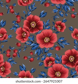 red seamless vector stock flowers with blue leaves pattern on background