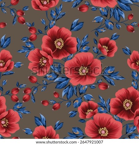 red seamless vector stock flowers with blue leaves pattern on background