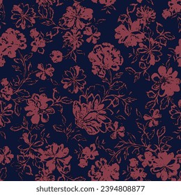 red seamless vector texture flowers leaves pattern on navy background