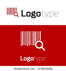 Red Search barcode icon isolated on white background. Magnifying glass searching barcode. Barcode label sticker. Research barcode. Logo design template element. Vector Illustration