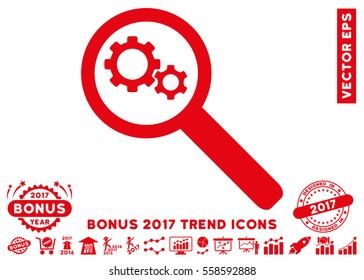 Red Search Gears Tool icon with bonus 2017 year trend pictograms. Vector illustration style is flat iconic symbols, white background.