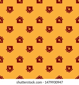 Red Search house icon isolated seamless pattern on brown background. Real estate symbol of a house under magnifying glass.  Vector Illustration