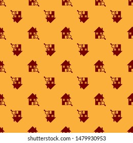 Red Search house icon isolated seamless pattern on brown background. Real estate symbol of a house under magnifying glass.  Vector Illustration