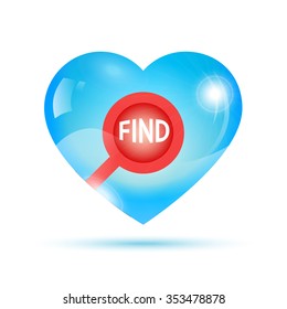 red search icon placed inside blue shiny heart