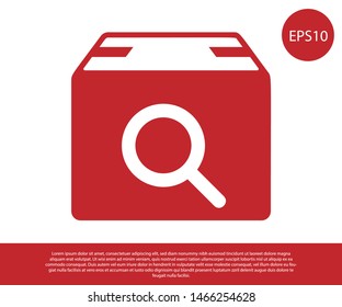 Red Search package icon isolated on white background. Parcel tracking symbol. Magnifying glass and cardboard box. Logistic and delivery.  Vector Illustration
