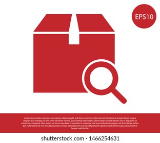 Red Search package icon isolated on white background. Parcel tracking symbol. Magnifying glass and cardboard box. Logistic and delivery.  Vector Illustration