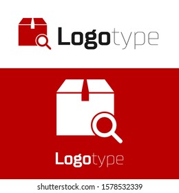 Red Search package icon isolated on white background. Parcel tracking symbol. Magnifying glass and cardboard box. Logistic and delivery. Logo design template element. Vector Illustration