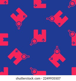 Red Search package icon isolated seamless pattern on blue background. Parcel tracking symbol. Magnifying glass and cardboard box. Logistic and delivery.  Vector