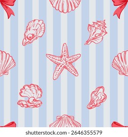 Conchas vermelhas, arcos de fita padrão sem emenda no fundo listrado azul. La dolce vita temática inspirada na estética italiana de verão. Vintage Marine, feminino, coquette design em estilo feminino encantador
