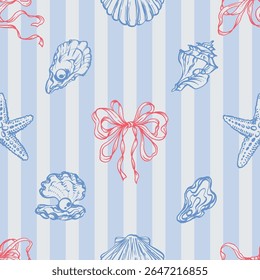 Conchas vermelhas, arcos de fita padrão sem emenda no fundo listrado azul. La dolce vita temática inspirada na estética italiana de verão. Vintage Marine, feminino, coquette design em estilo feminino encantador