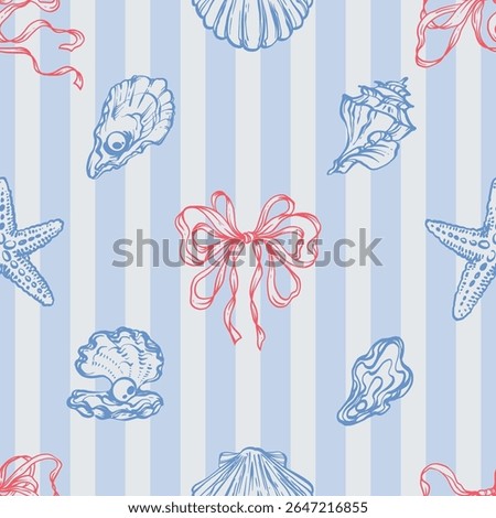 Red Seashells, Ribbon Bows Seamless Pattern on Blue striped Background. La dolce vita themed inspired by Summer Italian aesthetic. Vintage Marine, feminine, coquette design in charming girly style