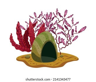 Red seaweeds and stone on sea bottom flat vector illustration
