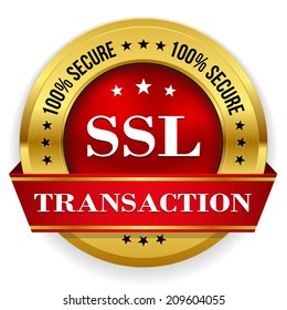 Red secure transaction badge with gold border and ribbon