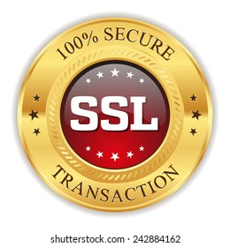 Red secure transaction badge with gold border on white background