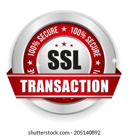 Red secure transaction button with ribbon on white background