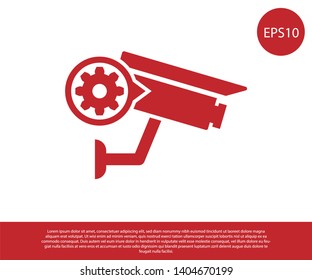 Red Security camera and gear icon isolated on white background. Adjusting app, service concept, setting options, maintenance, repair, fixing. Vector Illustration