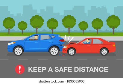 Red sedan car bumps into a rear side of the blue suv car. Road accident. Keep a safe distance on roads. Flat vector illustration template.