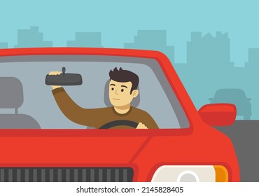 Red Sedan Car Driver Adjusting Rear View Mirror In A Car. Close-up Front View Of A Sedan Car On A City Road. Flat Vector Illustration Template.