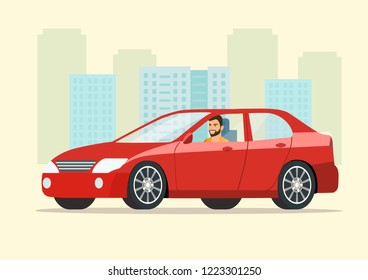 Red sedan car with driver man side view. Vector flat style illustration