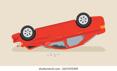 Red sedan car flips onto roof after colliding. Isolated upside down car crash scene. Flat vector illustration template.