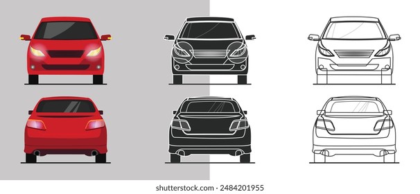un coche sedán rojo en la vista frontal y posterior ilustración plana, silueta, arte en línea
