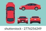 Red sedan car set with side, top, front, and rear view, modern passenger vehicle with consistent proportions for automotive, transport, and mobility concept, vector flat illustration