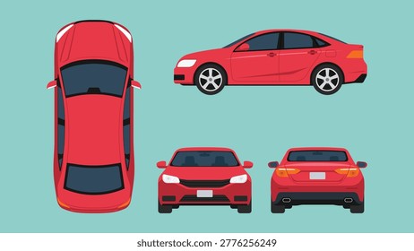 Red sedan car set with side, top, front, and rear view, modern passenger vehicle with consistent proportions for automotive, transport, and mobility concept, vector flat illustration