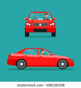 Red sedan car two angle set. Car with driver man side view
 and front view. Vector flat style illustration