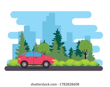 red sedan car vehicle in the road, with tree plants nature vector illustration design