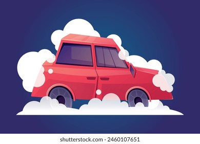 Red sedan passenger car with foam and soap bubbles, vehicle washing. Vector isolated cartoon illustration.