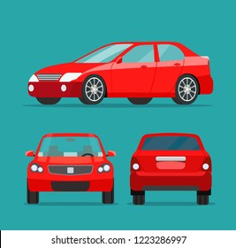 Red sedan three angle set. Car side view, back view and front view. Vector flat illustration