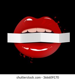 Red seductive lips holding a blank paper banner on dark background, vector illustration