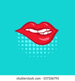 Red seductive lips on blue pop-art  background made in comics style