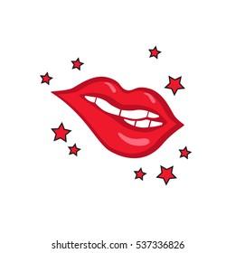 Red seductive lips and stars around them made in comics style
