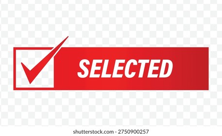 Red selected checklist flat design label for curated items, specific choices, and minimalist verification stickers.