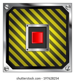 Red Self Destruct Button On Black And Yellow Striped Background 